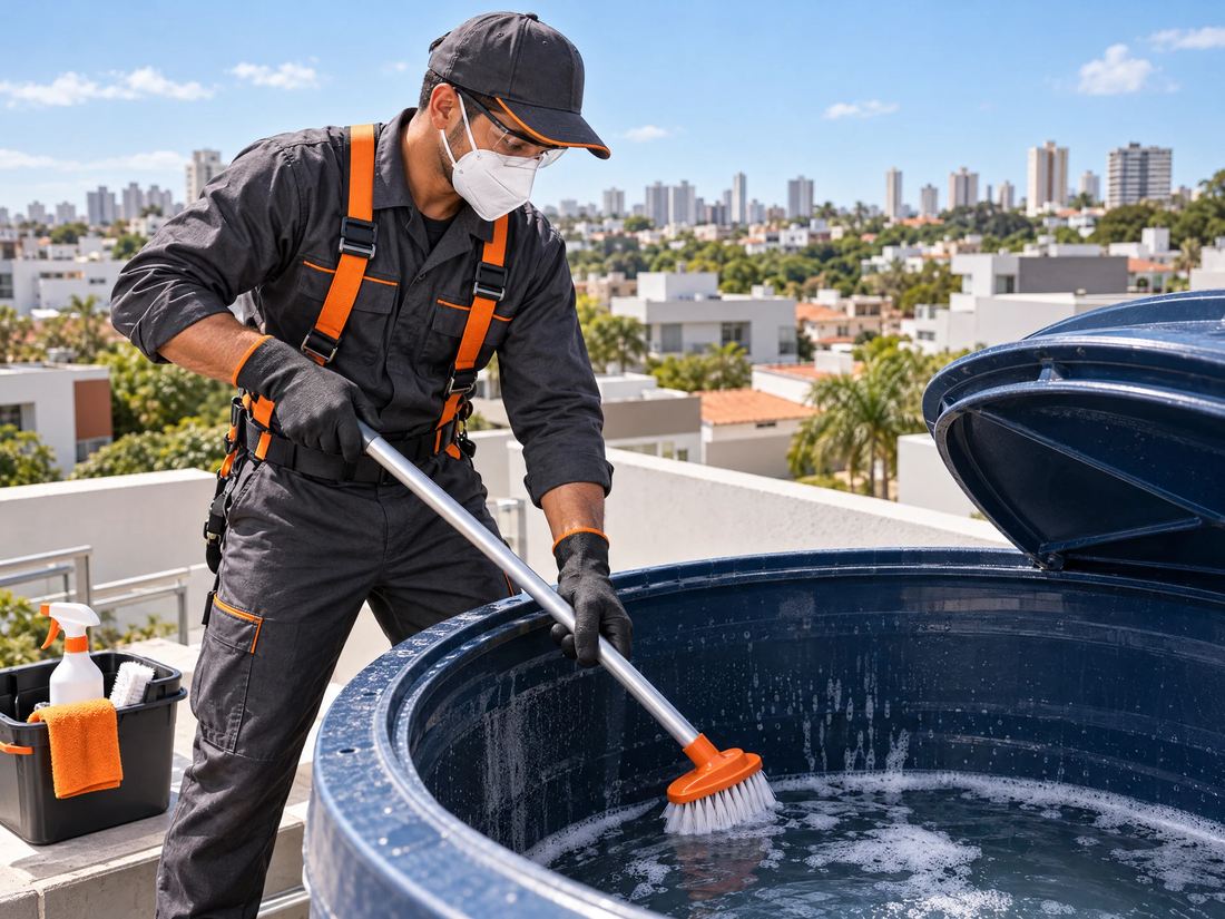 Técnico realizando limpeza e higienização de caixa d'água